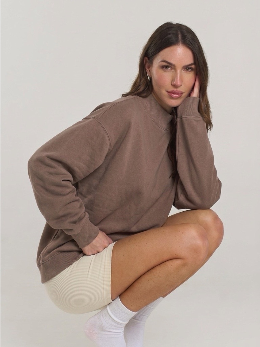 Aerie Oversized Mock Neck Sweatshirt L Mauve Brown Dropped Shoulder Cozy Ribbed